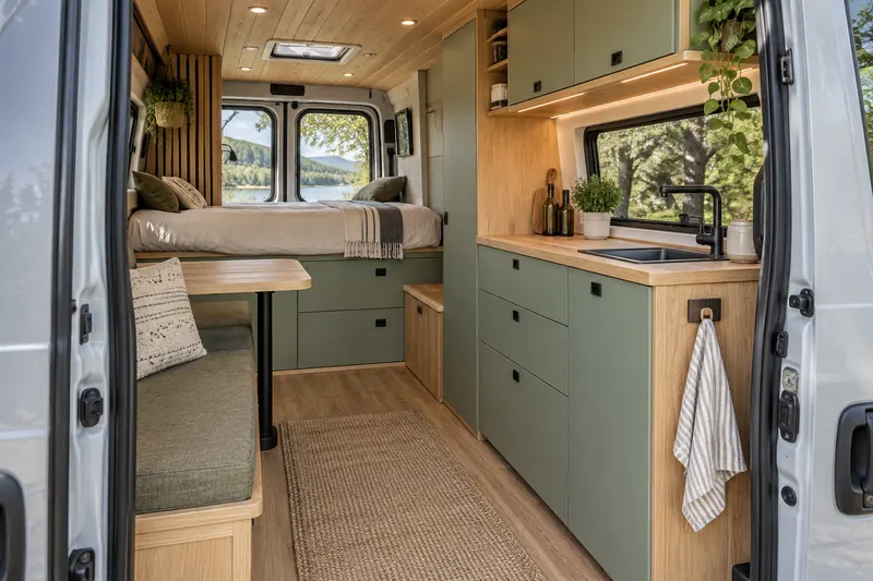 Camperausbau mit Holz, Küche und Schlafbereich – KI-Fotomotiv