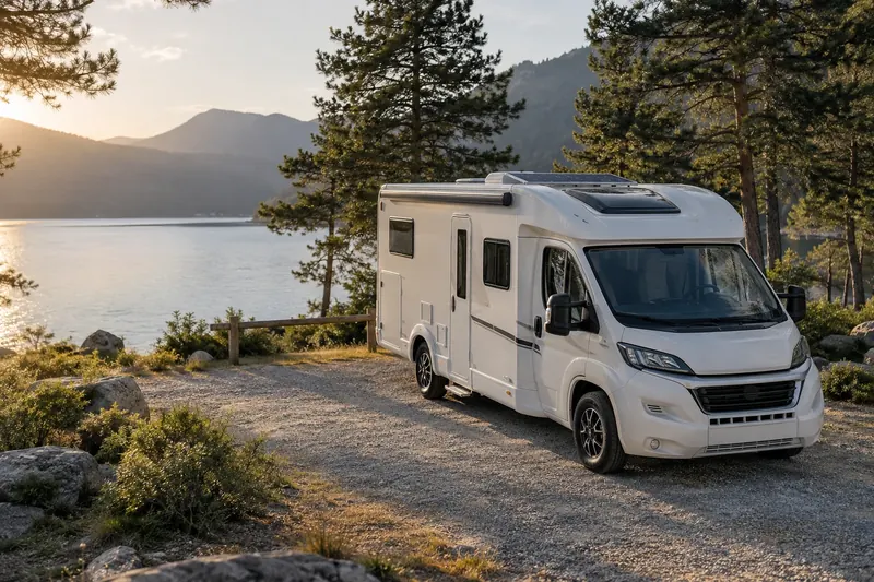 Reisemobil am See als Beispiel für einen Campingurlaub – KI-Fotomotiv