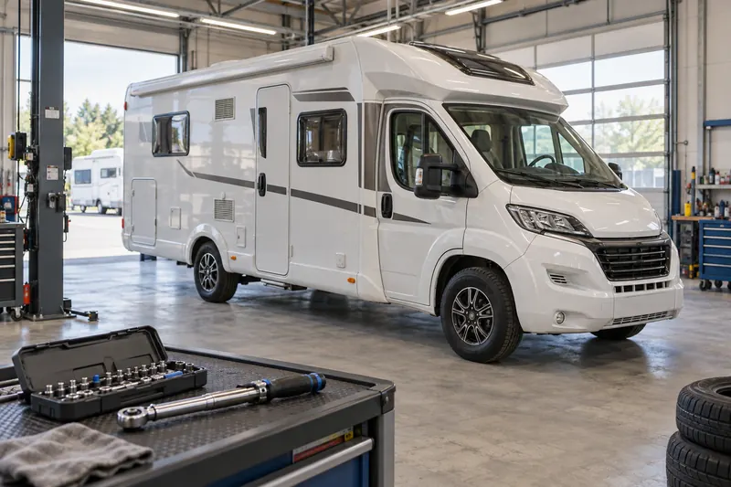 Reisemobil in einer hellen Servicewerkstatt – KI-Fotomotiv