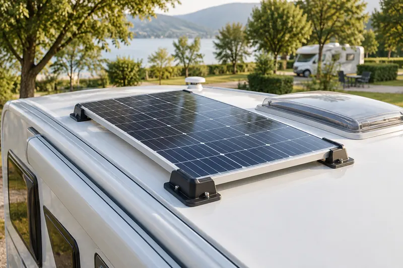 Solaranlage auf dem Dach eines Reisemobils – KI-Fotomotiv
