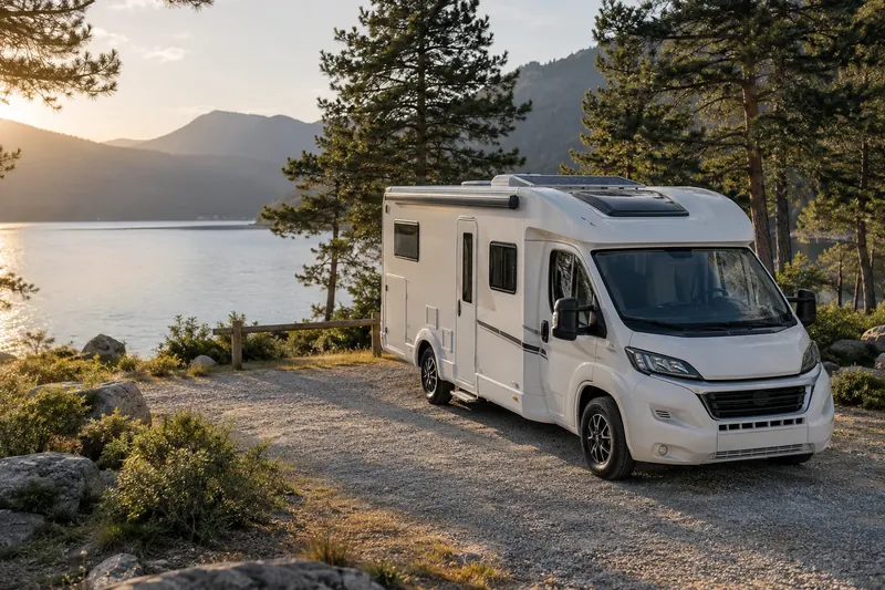 KI-generiertes Reisemobilmotiv für eine Solar- und Lithium-Anzeige